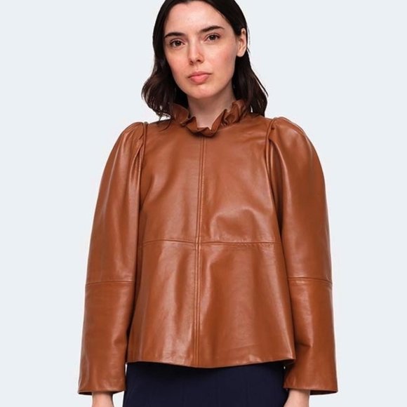 Sea New York Tops - Sea NY Lora Leather Ruffle Neck Top - Caramel